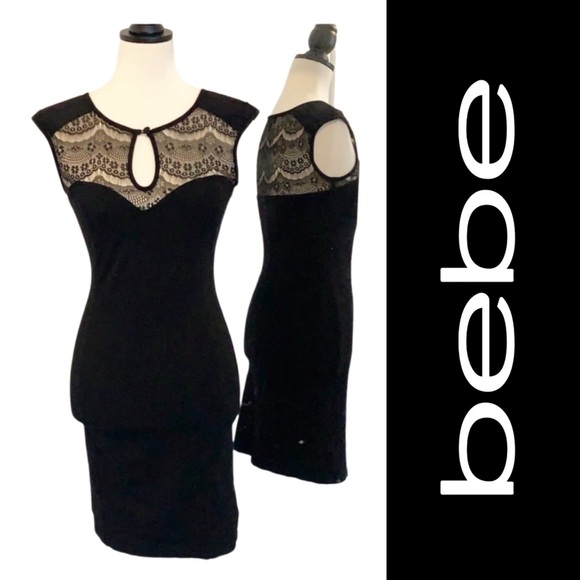 bebe Dresses & Skirts - Bebe Keyhole & Lace Black Bodycon Mini Dress - S